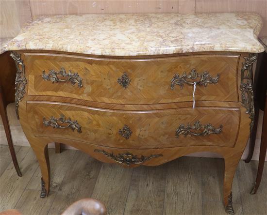 A Louis XV design marble top marquetry bombe commode W.114cm